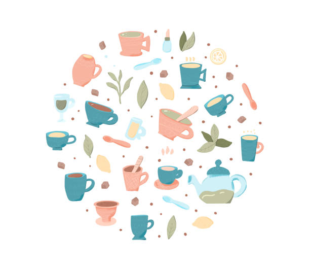 ilustrações de stock, clip art, desenhos animados e �ícones de tea set. cups and teapots. vector illustration. - hot chocolate cup chai heat