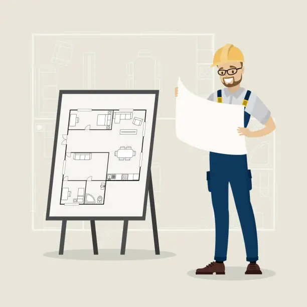 Vector illustration of Building or apartment plan on board. Cartoon man engineer or architect with project in hands