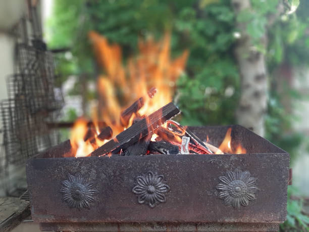 istock Blue flame on a rusty barbecue on a background of green leaves 1179377488