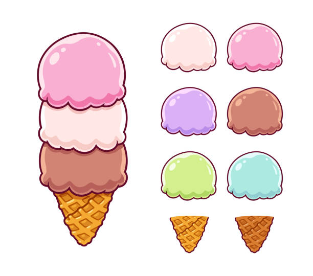 Cartoon ice cream set Cartoon ice cream constructor set with ice cream scoops and waffle cones. Vanilla, strawberry, chocolate and other traditional Italian gelato flavors. Cute and simple vector clip art illustration. scoop shape stock illustrations