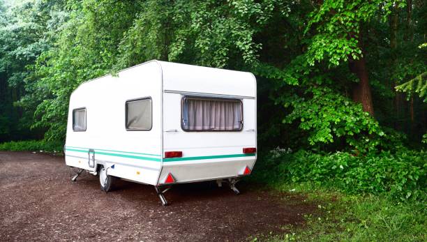 istock Caravan trailer on a forest road, on a summer day 1179378742