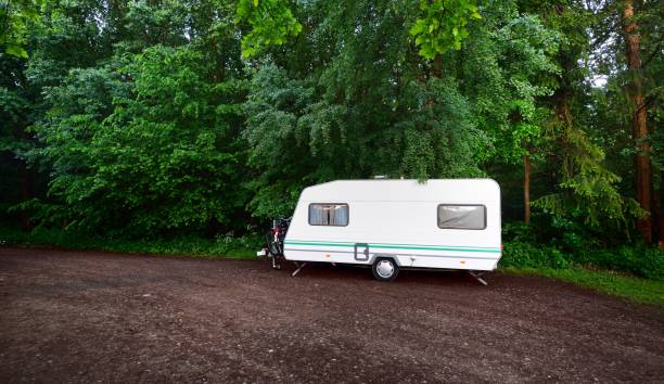 istock Caravan trailer on a forest road, on a summer day 1179378744