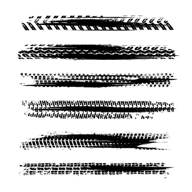 Automobile tire tracks Automobile tire tracks vector illustration. Grunge automotive element useful for poster, print, flyer, book, booklet, brochure and leaflet design. Editable graphic image in black color isolated on a white background. tire skid marks stock illustrations