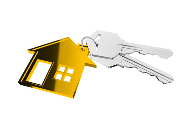istock 3D key ring with house hanger on white background 1179386466