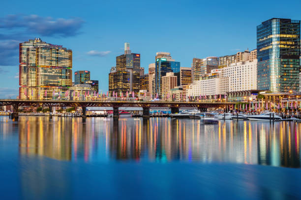 istock Sydney Darling Harbor Cityscape Reflections at Night Australia 1179386618