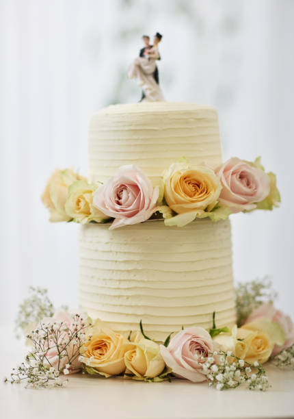 Shot of a cake topped with plastic bride and groom figurines on a table at a wedding reception