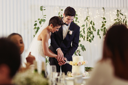 Shot of a happy young couple cutting the cake at their wedding reception