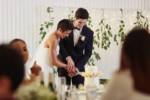 Shot of a happy young couple cutting the cake at their wedding reception