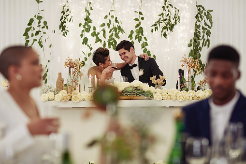 Shot of a happy young couple having wine together at their wedding reception