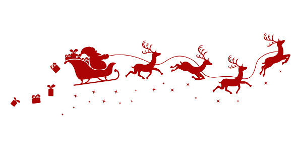Silhouette of Santa on a sleigh flying with deer and throwing gifts on a white background.