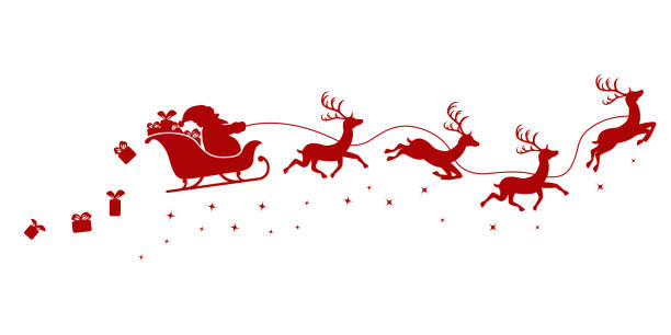 Silhouette of Santa on a sleigh flying with deer and throwing gifts on a white. Silhouette of Santa on a sleigh flying with deer and throwing gifts on a white background. santa sleigh cutout stock illustrations