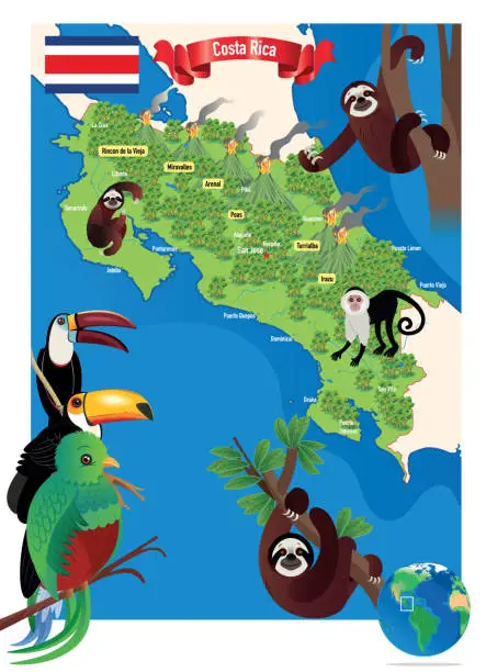 Vector illustration of Cartoon map of Costa Rica, San Jose, Puerto Limón, Alajuela, Heredia, Cinco Esquinas, Homeless, Liberia, Puntarenas, San Vicente, Barranca