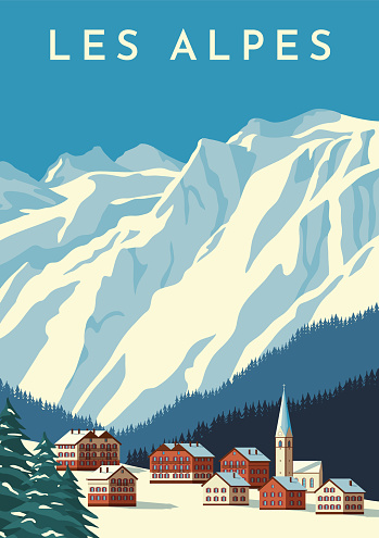 Alps travel retro poster, vintage banner. Mountain village of Austria, winter landscape of Switzerland. Hand drawing flat vector illustration.