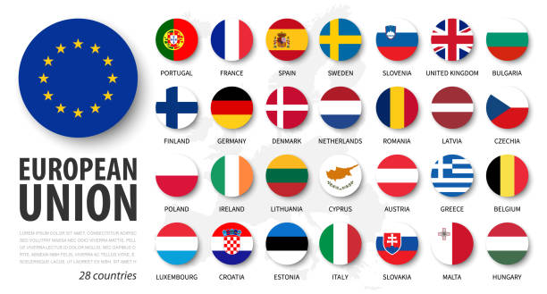 ilustrações de stock, clip art, desenhos animados e ícones de european union . eu and membership flags . flat circle element design . white isolated background and europe map . vector . - portugal bandeira