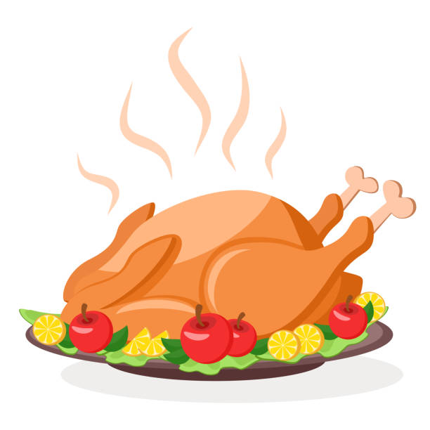 Roast Turkey on a tray with herbs, apples and lemon on a white. Thanksgiving dish. Roast Turkey on a tray with herbs, apples and lemon on a white background. Thanksgiving dish. thanksgiving dinner stock illustrations