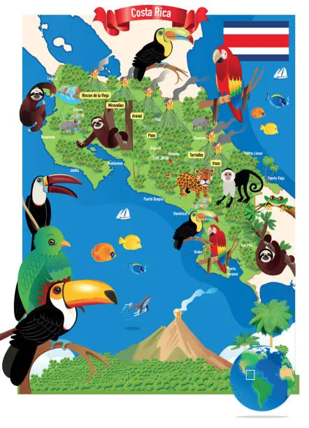 Vector illustration of Cartoon map of Costa Rica, San Jose, Puerto Limón, Alajuela, Heredia, Cinco Esquinas, Homeless, Liberia, Puntarenas, San Vicente, Barranca