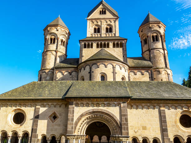 Maria Laach Abbey, a Benedictine abbey on the southwestern shore of the Laacher See, Lake Laach near Andernach, Eifel region, Rhineland-Palatinate Germany, facade partial view