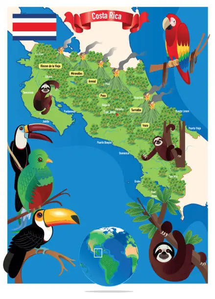 Vector illustration of Cartoon map of Costa Rica, San Jose, Puerto Limón, Alajuela, Heredia, Cinco Esquinas, Homeless, Liberia, Puntarenas, San Vicente, Barranca