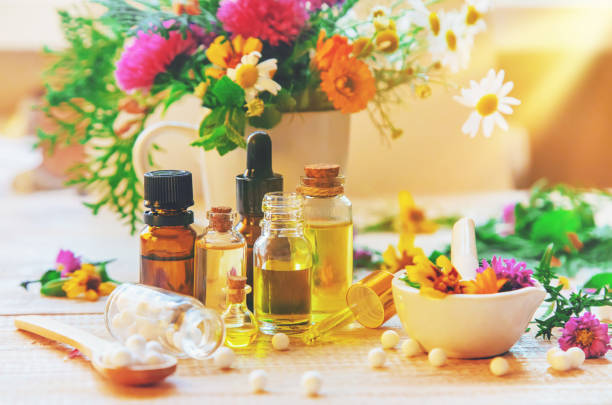 istock Homeopathy. Herbal extracts in small bottles. Selective focus. 1179395339