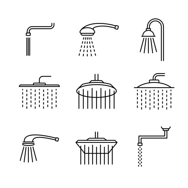 Shower head type icons set. Outline style different shower symbols. Douche shapes. Adjustable line width. Shower head type icons set. Outline style different shower symbols. Douche shapes. Adjustable line width. shower head stock illustrations