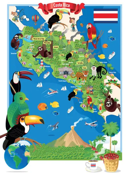 Vector illustration of Cartoon map of Costa Rica, San Jose, Puerto Limón, Alajuela, Heredia, Cinco Esquinas, Homeless, Liberia, Puntarenas, San Vicente, Barranca