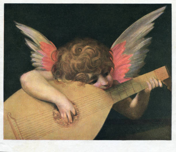 illustrazioni stock, clip art, cartoni animati e icone di tendenza di cupid angel amor suona canzoni d'amore alla chitarra - germany illustration and painting engraving engraved image