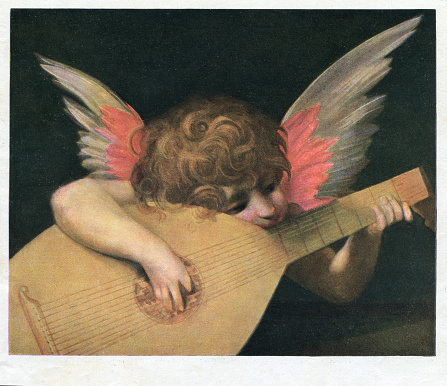 Cupid angel Amor playing the guitar
Original edition from my own archives
Source : Die Gartenlaube 1901
After G. Battista ( Liebesklänge )