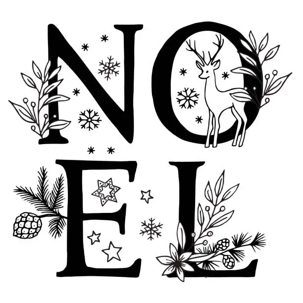 Vector illustration of Noël/Christmas: Hand Drawn Floral letters