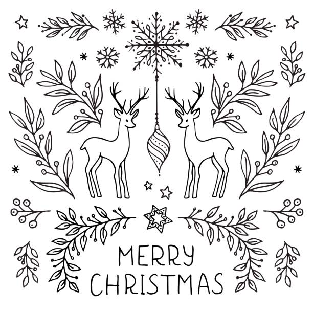 Hand drawn floral Christmas card template Simple hand drawn floral Christmas card template with plants, leaves, snowflakes and deer snowflake shape drawings stock illustrations