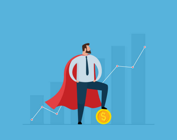 ilustraciones, imágenes clip art, dibujos animados e iconos de stock de super businessman de pie con una moneda de oro en el gráfico de crecimiento. - superhero flying heroes business