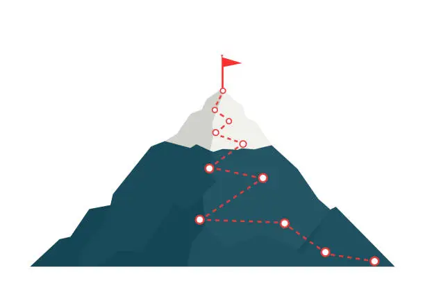 Vector illustration of Climbing route to peak mountain.