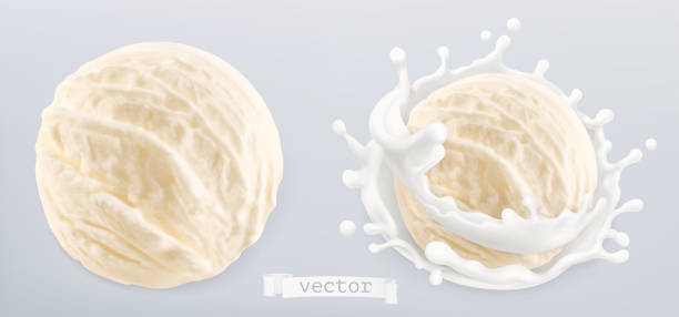 Ball of ice cream and splash of milk. 3d realistic vector Ball of ice cream and splash of milk. 3d realistic vector vanilla ice cream stock illustrations