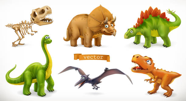 dinosaurier-cartoon-charakter. brachiosaurus, pterodactyl, tyrannosaurus rex, dinosaurierskelett, triceratops, stegosaurus. lustige tier 3d vektor-symbol-set - dinosaur fossil tyrannosaurus rex animal skeleton stock-grafiken, -clipart, -cartoons und -symbole