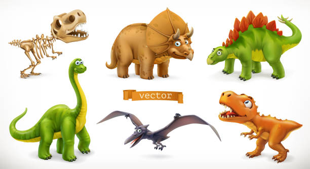 illustrazioni stock, clip art, cartoni animati e icone di tendenza di personaggio dei cartoni animati dinosauri. brachiosaurus, pterodattilo, tyrannosaurus rex, scheletro di dinosauro, triceratopo, stegosauro. divertente set di icone vettoriali 3d animali - stegosauro