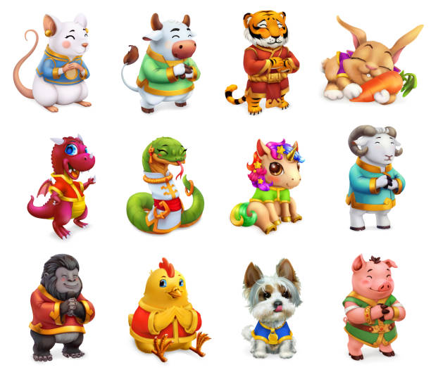 śmieszne zwierzę w chińskim zodiaku, szczur, wół, tygrys, królik, smok, wąż, koń, owca, małpa, kogut, pies, świnia. chiński kalendarz, zestaw ikon wektorowych 3d - smok postać fikcyjna stock illustrations