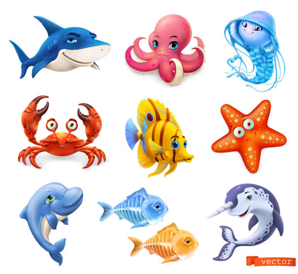 Fish And Sea Animals Shark Octopus Jellyfish Crab Starfish Dolphin Narwhal  Cartoon Character 3d Vector Icon Set Stock Illustration - Download Image  Now - iStock