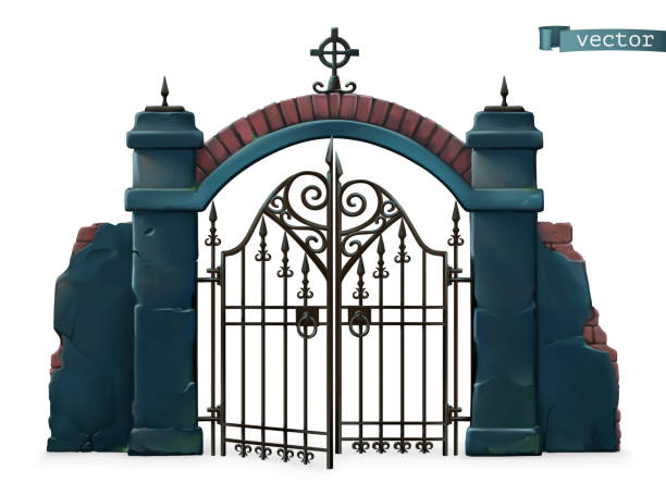 Gates to the cemetery. Happy Halloween. 3d vector cartoon object Gates to the cemetery. Happy Halloween. 3d vector cartoon object gate stock illustrations