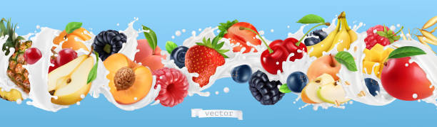 rozprysk mleka. jogurt z owocami i jagodami. truskawka, malina, banan, brzoskwinia, morela, jeżyna, jagoda, ananas, mango, owies. realistyczny zestaw wektorów 3d - digital composite swirl style vector stock illustrations