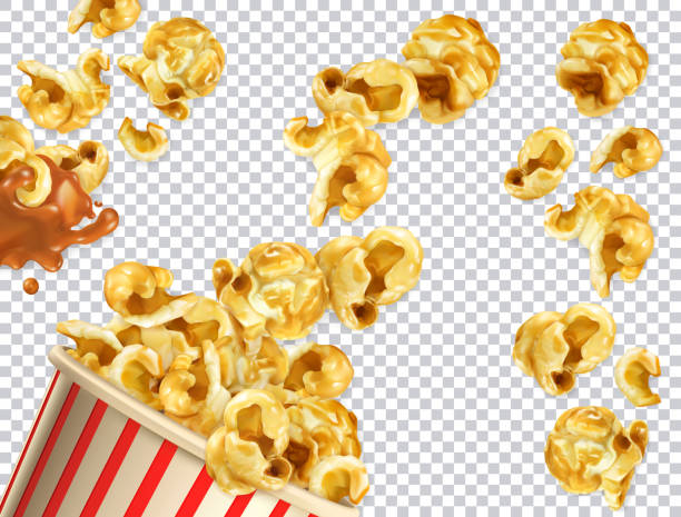 illustrations, cliparts, dessins animés et icônes de popcorn avec l'image vectorisée de caramel. ensemble de vecteurs réalistes 3d - caramel corn