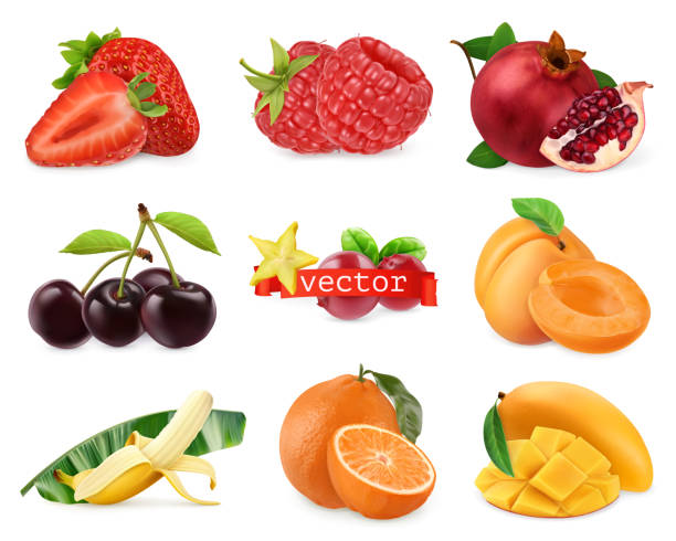 신선한 과일과 열매. 딸기, 라즈베리, 석류, 체리, 살구, 바나나, 오렌지, 망고. 3d 사실적인 벡터 세트 - 주  황색 일러스트 stock illustrations
