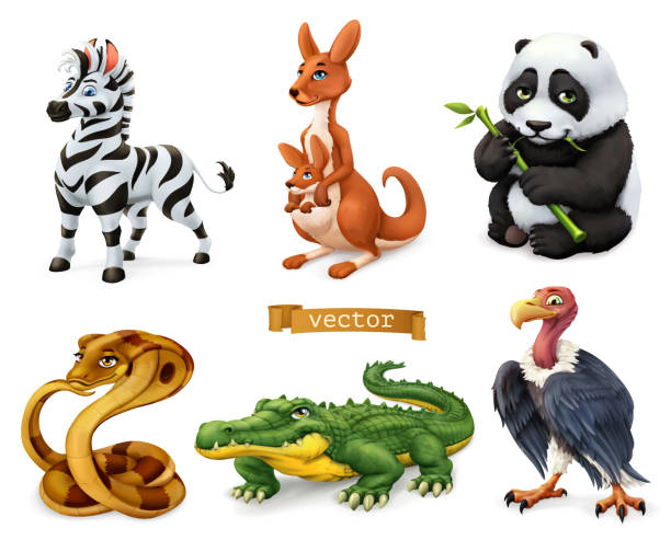 illustrations, cliparts, dessins animés et icônes de des animaux drôles. zèbre, kangourou, panda, serpent cobra, crocodile, vautour. ensemble d'icônes vectorielles 3d - safari animals wild animals animals and pets reptile