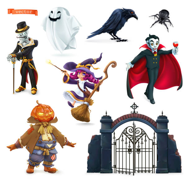 illustrazioni stock, clip art, cartoni animati e icone di tendenza di felice halloween. set di vettori 3d di caratteri e oggetti. scheletro, spaventapasseri di zucca, strega, fantasma, corvo, ragno, vampiro, cancello del cimitero. - animal skeleton illustrations