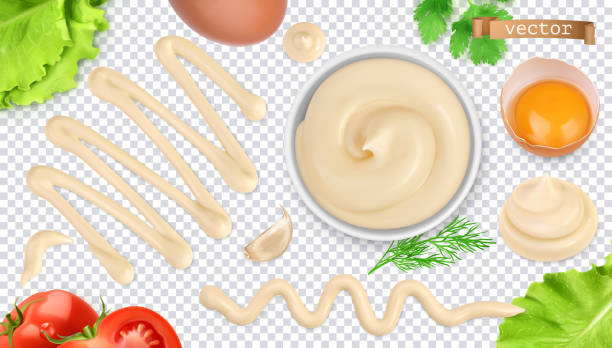 ilustraciones, imágenes clip art, dibujos animados e iconos de stock de salsa de mayonesa. conjunto realista vectorial 3d - symbol food salad icon set