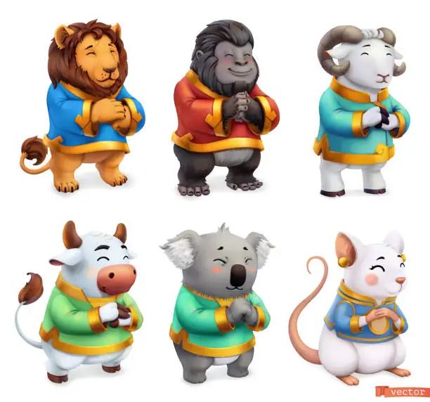 Vector illustration of Funny animals. Lion, gorilla, ram, bull, koala, mouse. 3d vector icon set