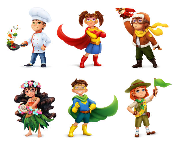 kleine kinder in kostümen. superhelden, koch, pilot, scout. comic-charakter, 3d-vektor-symbol-set - cartoon 3d stock-grafiken, -clipart, -cartoons und -symbole