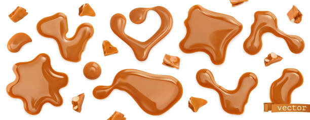 stockillustraties, clipart, cartoons en iconen met karamel druppels. 3d realistische vectorset - caramel