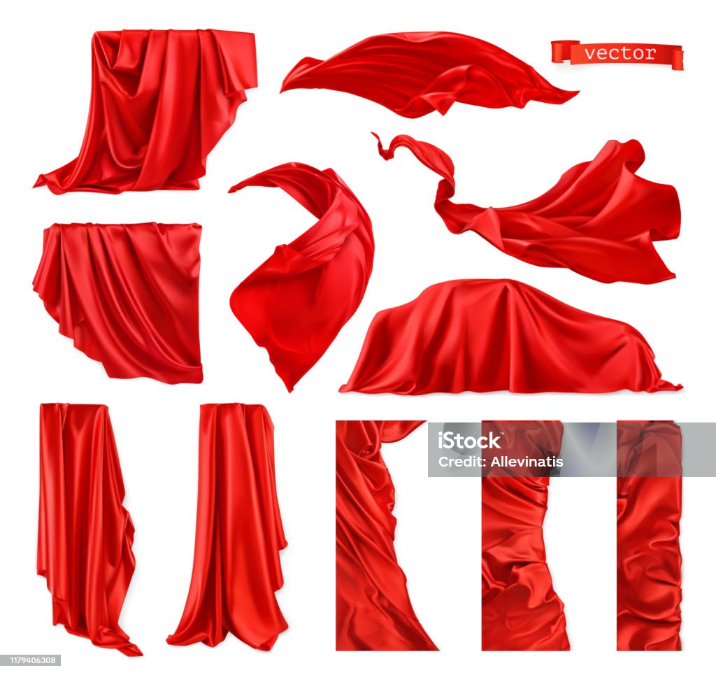 Roter Vorhang vektorisiertes Bild. Drapery Stoff 3d realistische Vektor-Set - Lizenzfrei Textilien Vektorgrafik Roter Vorhang vektorisiertes Bild. Drapery Stoff 3d realistische Vektor-Set - Lizenzfrei Textilien Vektorgrafik