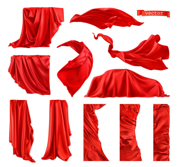 ilustraciones, imágenes clip art, dibujos animados e iconos de stock de imagen vectorizada de cortina roja. drapery fabric 3d conjunto vectorial realista - silk