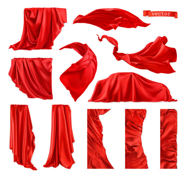 illustrations, cliparts, dessins animés et icônes de image vectorisée de rideau rouge. tissu drapery 3d ensemble de vecteur réaliste - soie
