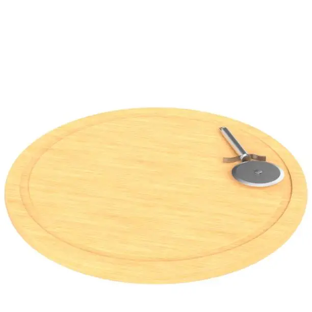 3D rendering illustration of a stainless steel pizza cutter on a wooden cutting board